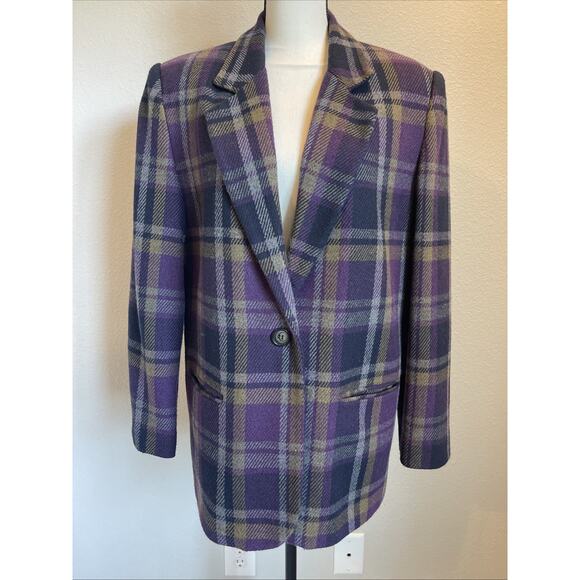 Vintage Sag Harbor Plaid Wool Blend One Button Blazer Size 14 - Picture 1 of 10